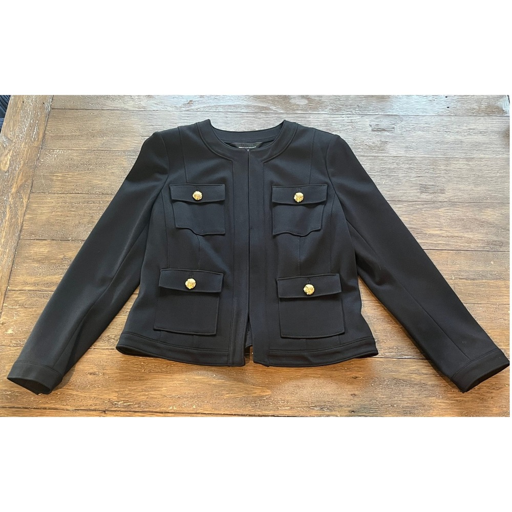 White House Black Market Black Military Blazer Gold Crest Button Jacket Size 10 - Picture 2 of 11